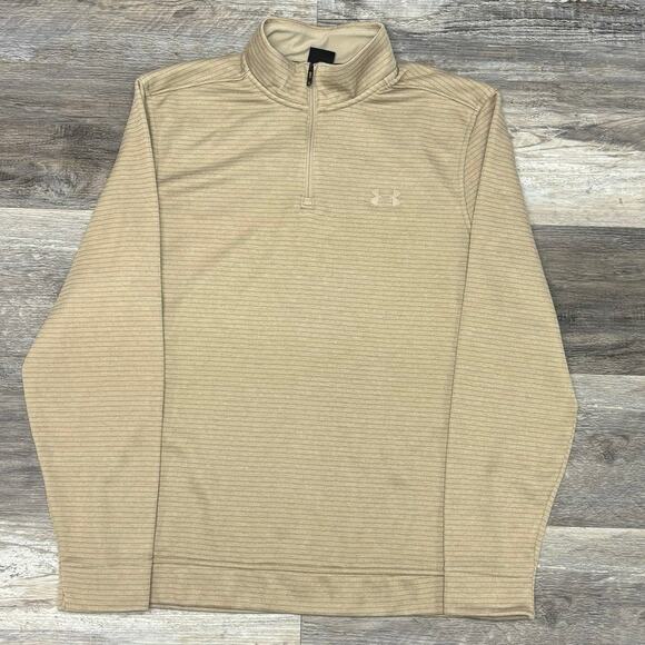 Under Armour UA Storm Sweaterfleece Tan Mens M Quarter Zip Mock Neck Sweater EUC - Picture 2 of 9